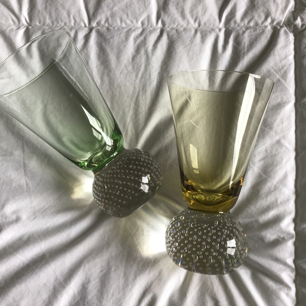 SET OF TWO CONTROLLED BUBBLE BALL BASE VINTAGE BLOWN GLASS GLASSES